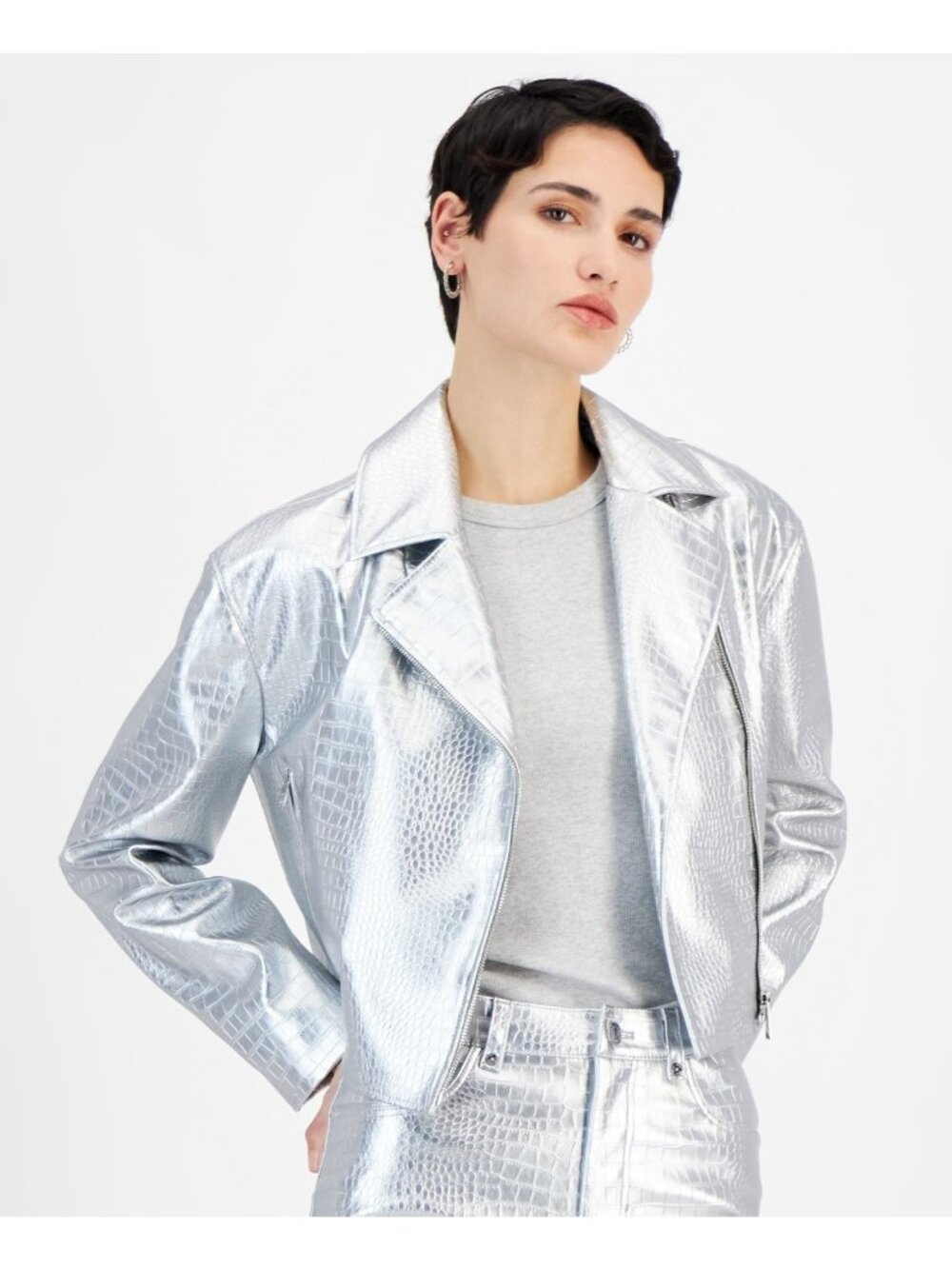 BOSS Orange Womens NWT Metallic Croc-Embossed Moto Jacket Silver Size 14 $248